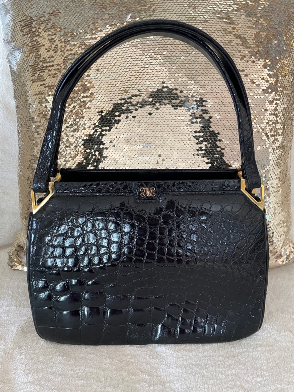 Vintage 1950’s Genuine Crocodile Handbag with Gold Logo